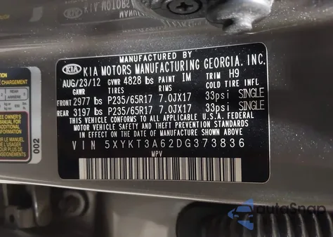 2013 Kia Sorento Lx из США, поврежденный, VIN 5XYKT3A62DG373836